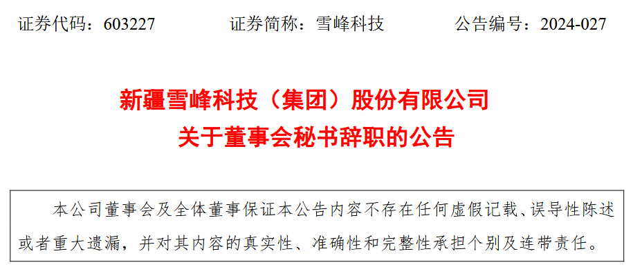 雪峰科技董事會秘書辭職(雪峰科技最新消息)-圖1