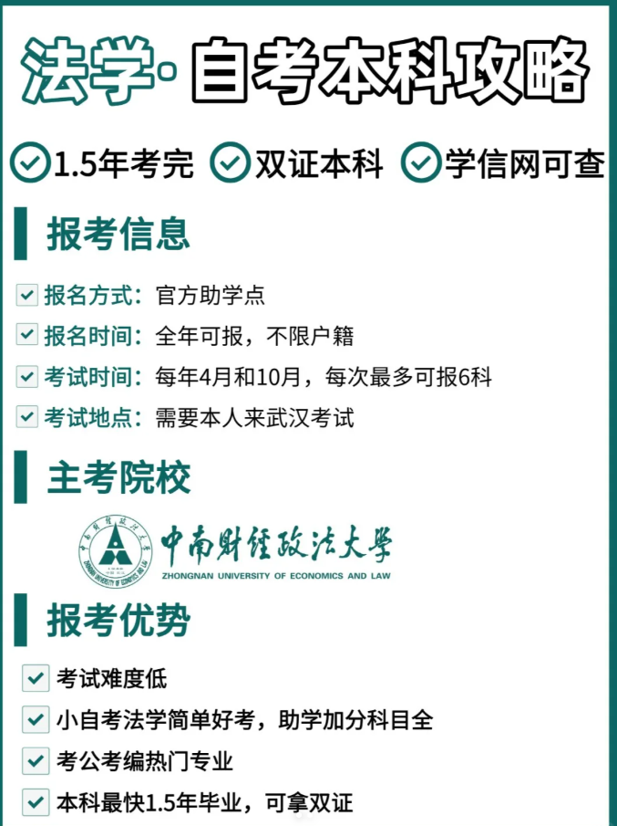 2025年中南財經政法大學自考法學本科考試注冊報名中